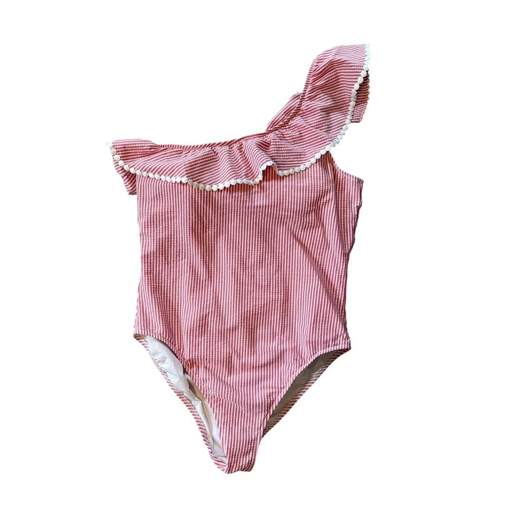 J.Crew Womens Red White Seersucker One-Shoulder Ruffle Swimsuit Plus Size 16